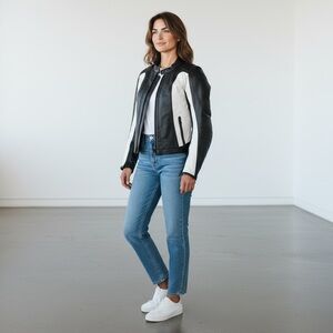 BILT Womens Leather Motorcycle Jacket With Padding sz S black white